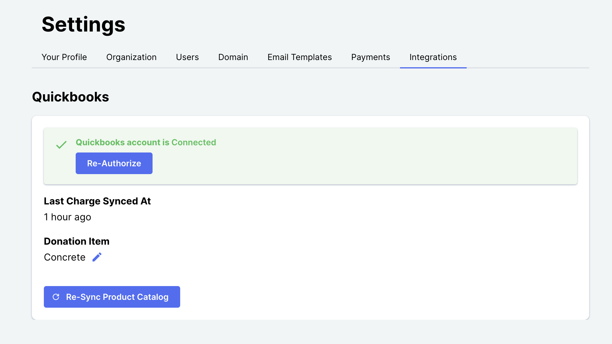 Quickbooks integration screen